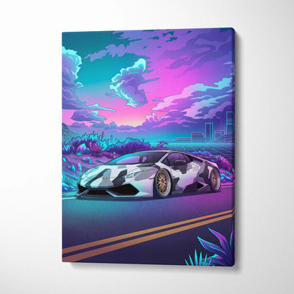 Lamborghini Huracan Inspired White Purple Canvas Wall Art Vaporwave Supercar Artwork, Neon Desert City Garage Decor Print