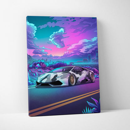 Lamborghini Huracan Inspired White Purple Canvas Wall Art Vaporwave Supercar Artwork, Neon Desert City Garage Decor Print
