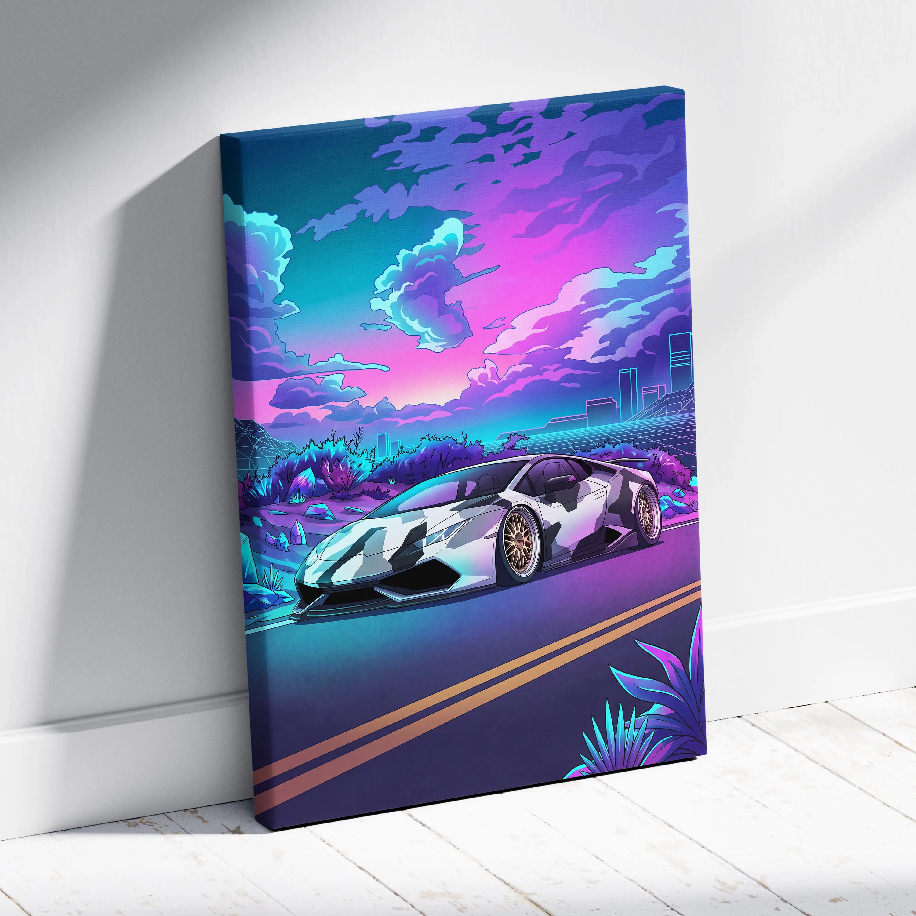 Lamborghini Huracan Inspired White Purple Canvas Wall Art Vaporwave Supercar Artwork, Neon Desert City Garage Decor Print