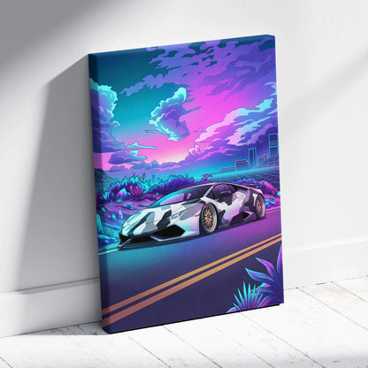 Lamborghini Huracan Inspired White Purple Canvas Wall Art Vaporwave Supercar Artwork, Neon Desert City Garage Decor Print