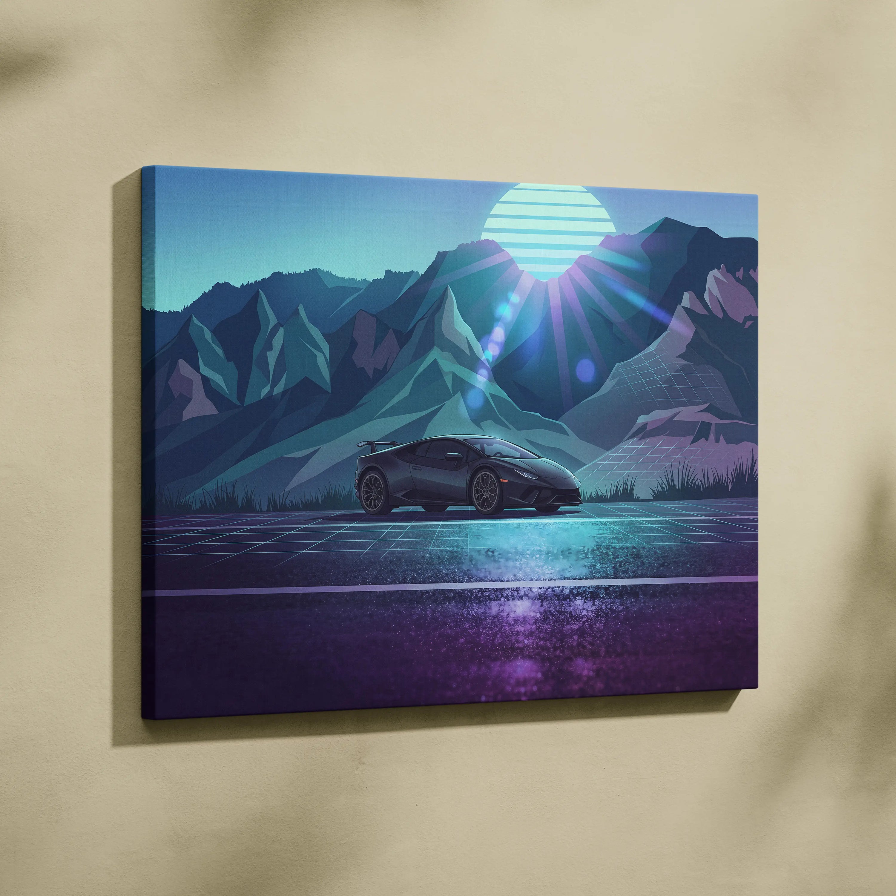 Lamborghini Huracan Inspired Black Teal Canvas Wall Art, Mountain Vaporwave Supercar Artwork for Modern Garage Decor