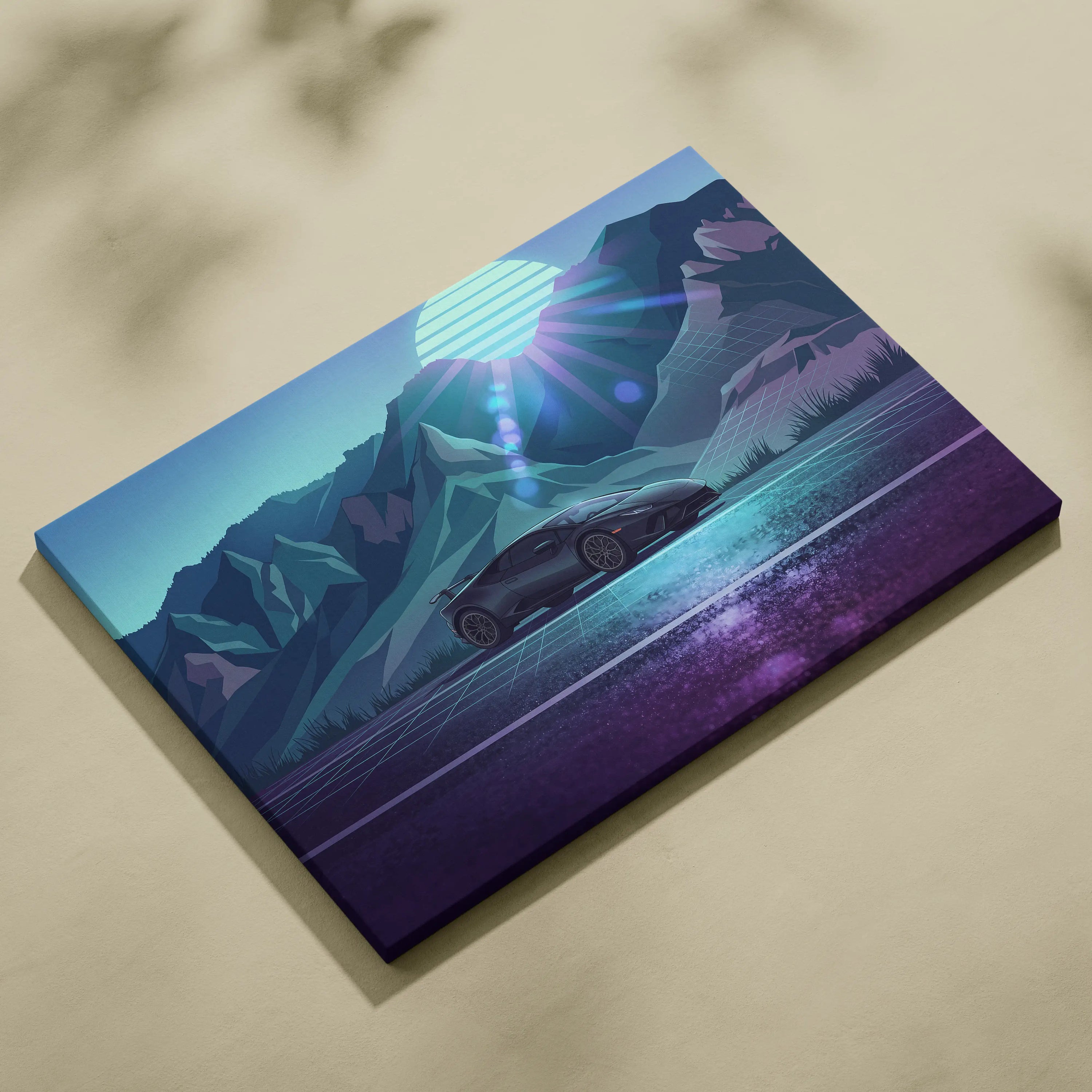 Lamborghini Huracan Inspired Black Teal Canvas Wall Art, Mountain Vaporwave Supercar Artwork for Modern Garage Decor