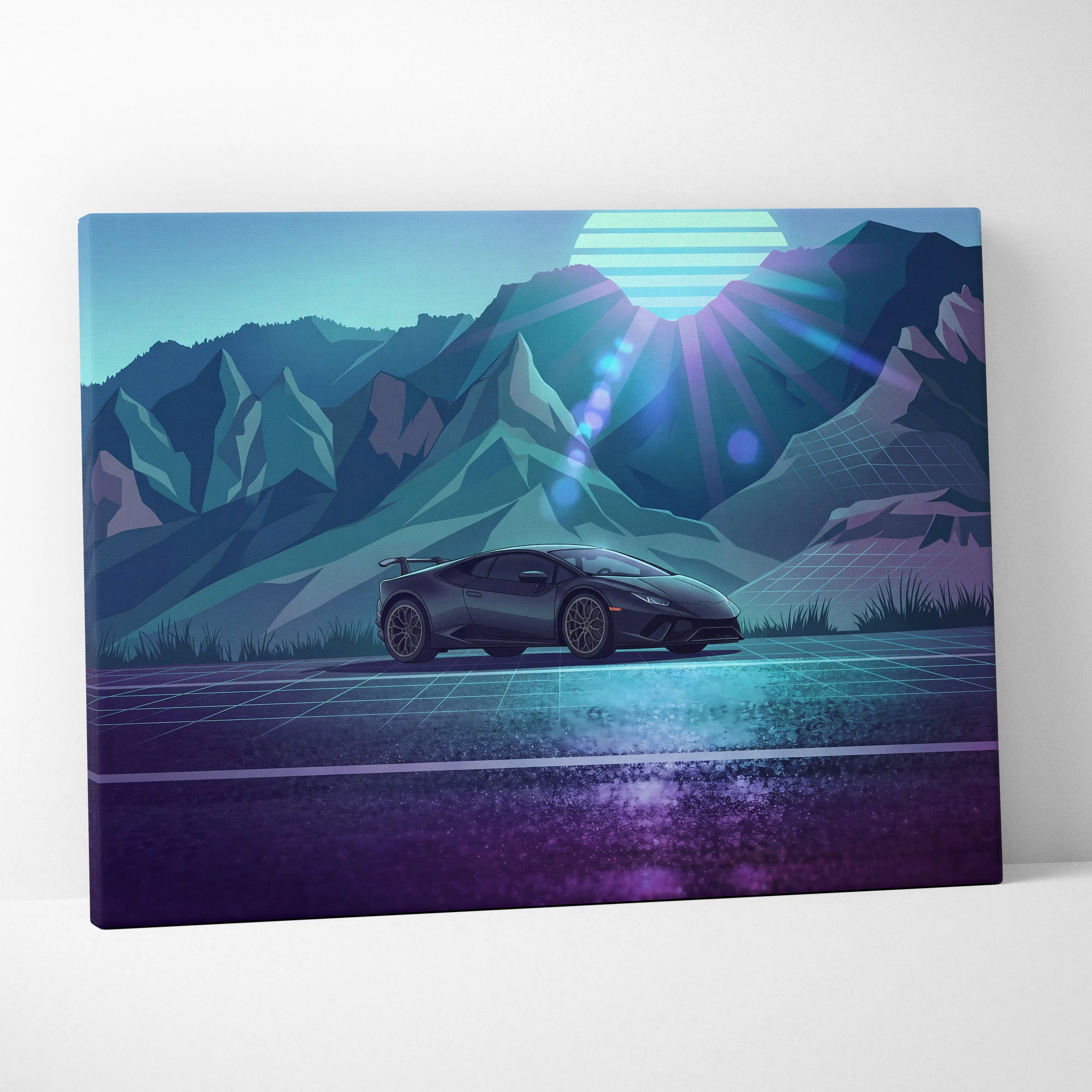 Lamborghini Huracan Inspired Black Teal Canvas Wall Art, Mountain Vaporwave Supercar Artwork for Modern Garage Decor