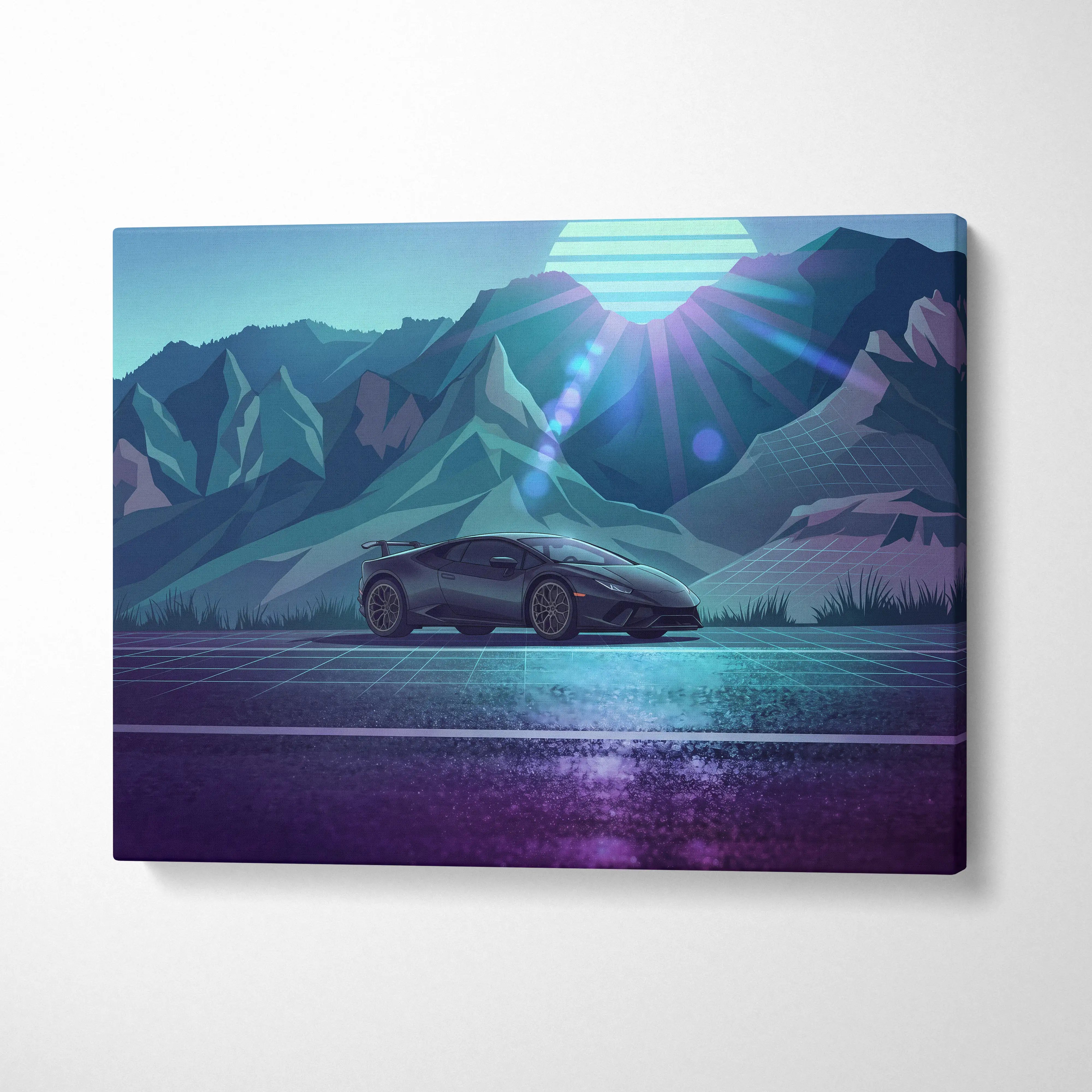 Lamborghini Huracan Inspired Black Teal Canvas Wall Art, Mountain Vaporwave Supercar Artwork for Modern Garage Decor