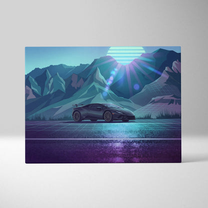 Lamborghini Huracan Inspired Black Teal Canvas Wall Art, Mountain Vaporwave Supercar Artwork for Modern Garage Decor