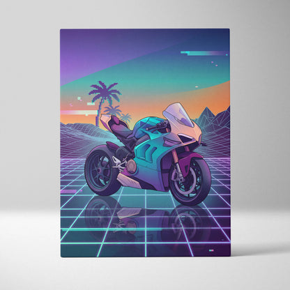 Ducati Panigale V4 Inspired Teal Cream Vaporwave Motorcycle Canvas Wall Art Neon Desert Sportbike Artwork Retro Futuristic Garage Decor