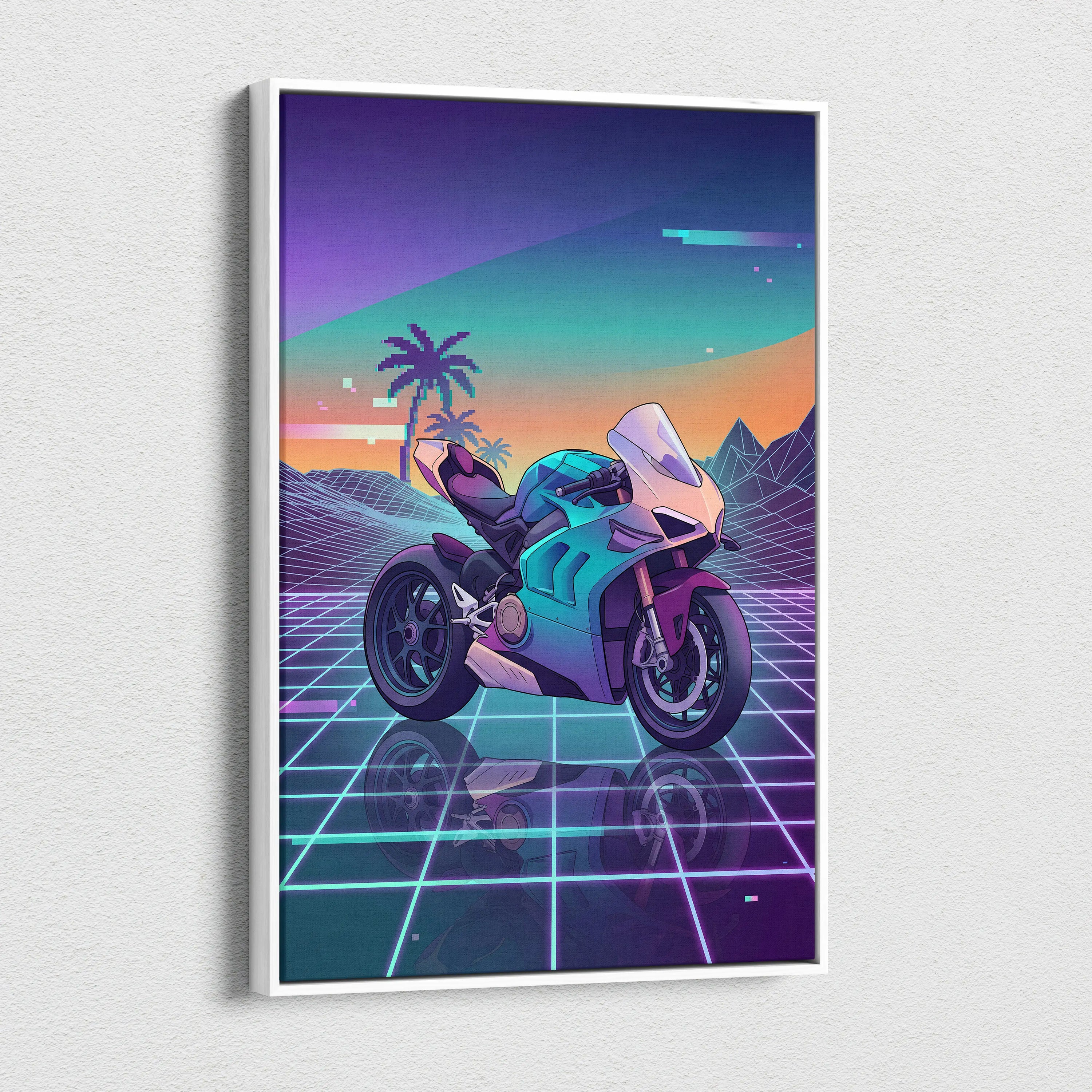 Ducati Panigale V4 Inspired Teal Cream Vaporwave Motorcycle Canvas Wall Art Neon Desert Sportbike Artwork Retro Futuristic Garage Decor