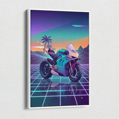Ducati Panigale V4 Inspired Teal Cream Vaporwave Motorcycle Canvas Wall Art Neon Desert Sportbike Artwork Retro Futuristic Garage Decor