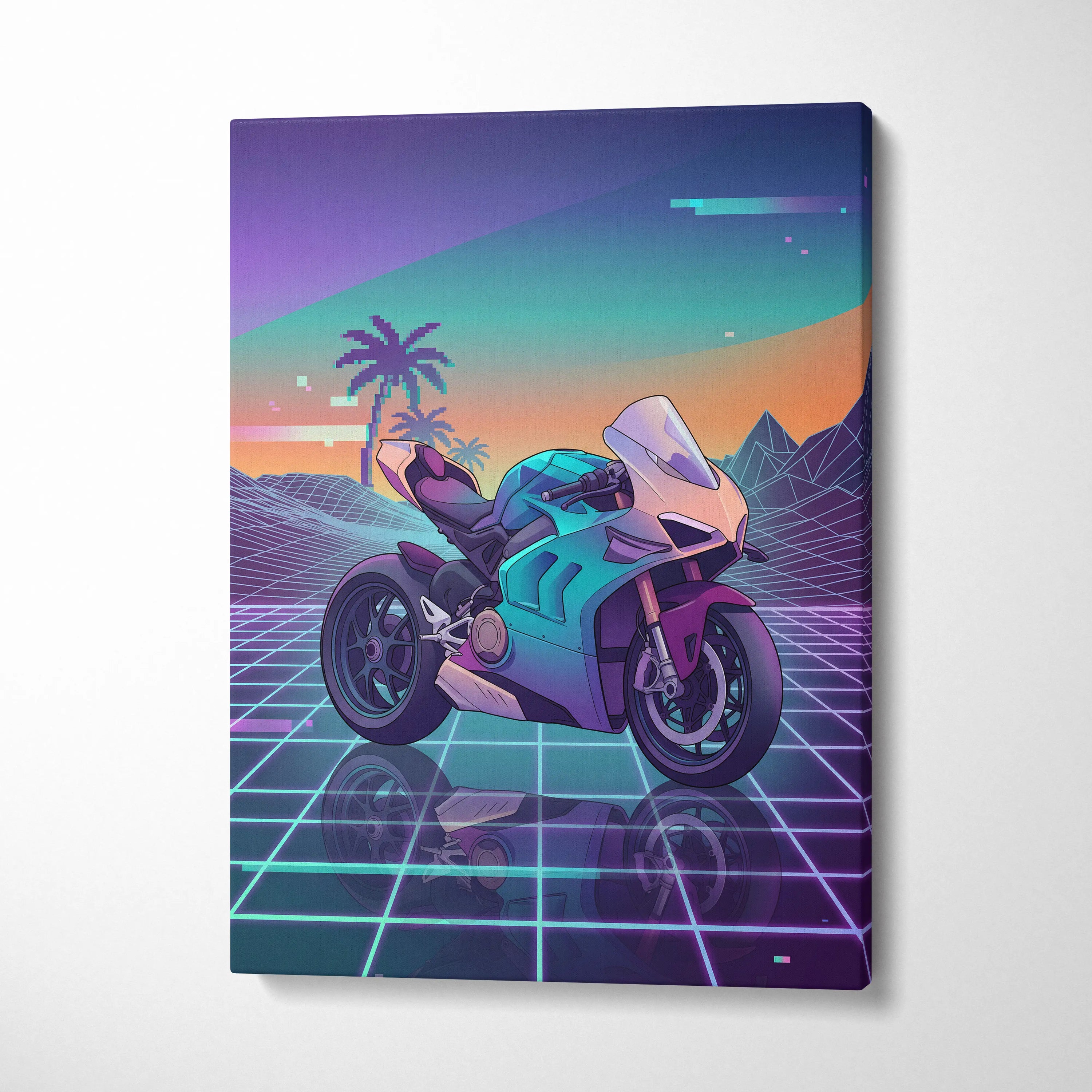Ducati Panigale V4 Inspired Teal Cream Vaporwave Motorcycle Canvas Wall Art Neon Desert Sportbike Artwork Retro Futuristic Garage Decor
