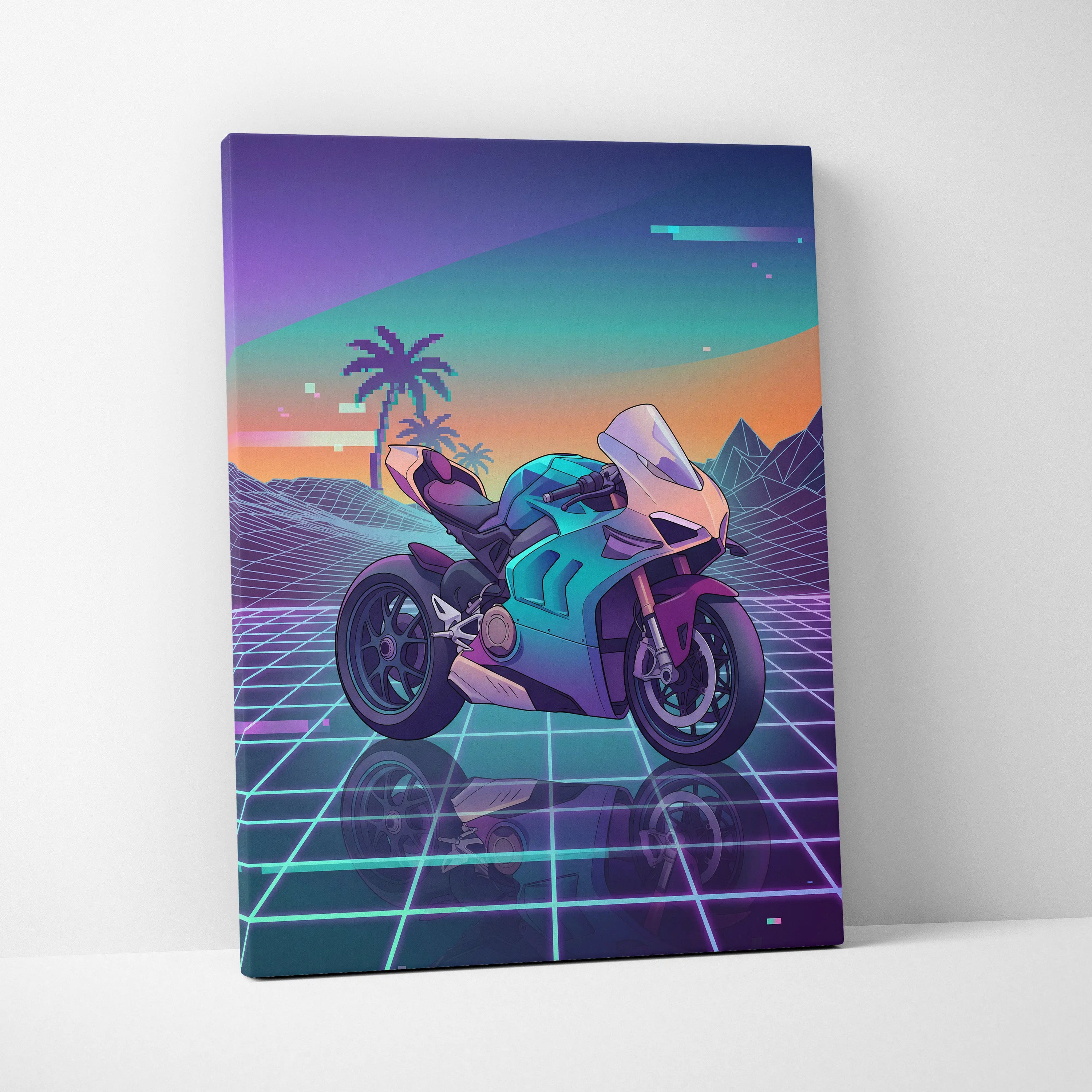 Ducati Panigale V4 Inspired Teal Cream Vaporwave Motorcycle Canvas Wall Art Neon Desert Sportbike Artwork Retro Futuristic Garage Decor