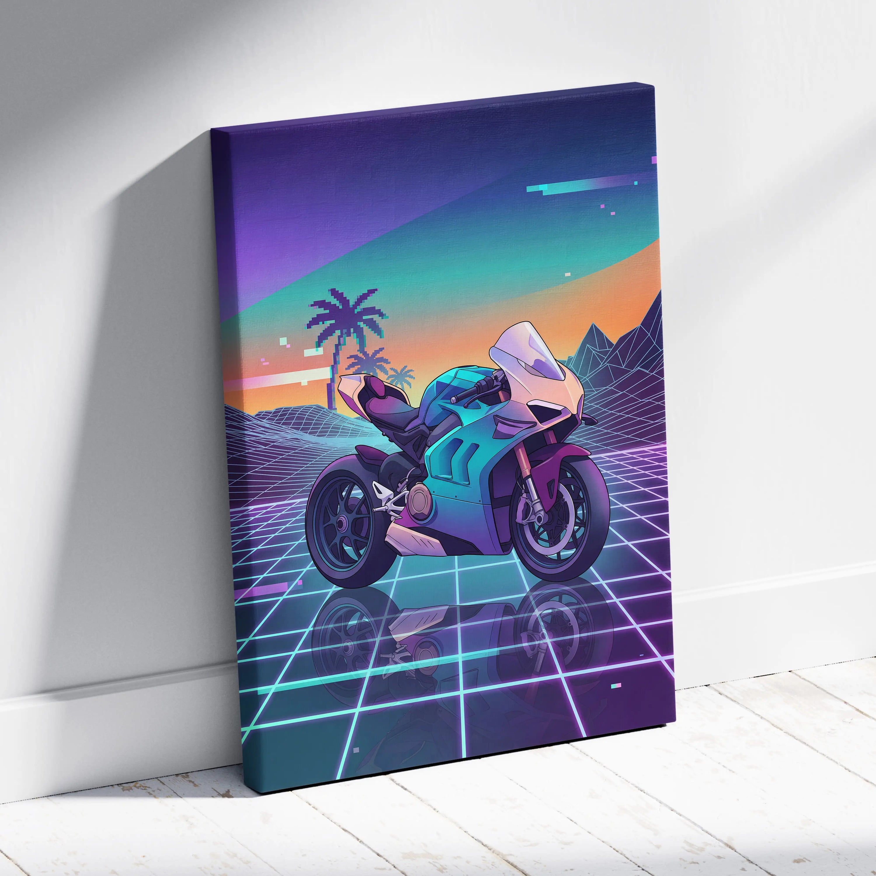 Ducati Panigale V4 Inspired Teal Cream Vaporwave Motorcycle Canvas Wall Art Neon Desert Sportbike Artwork Retro Futuristic Garage Decor