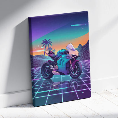 Ducati Panigale V4 Inspired Teal Cream Vaporwave Motorcycle Canvas Wall Art Neon Desert Sportbike Artwork Retro Futuristic Garage Decor