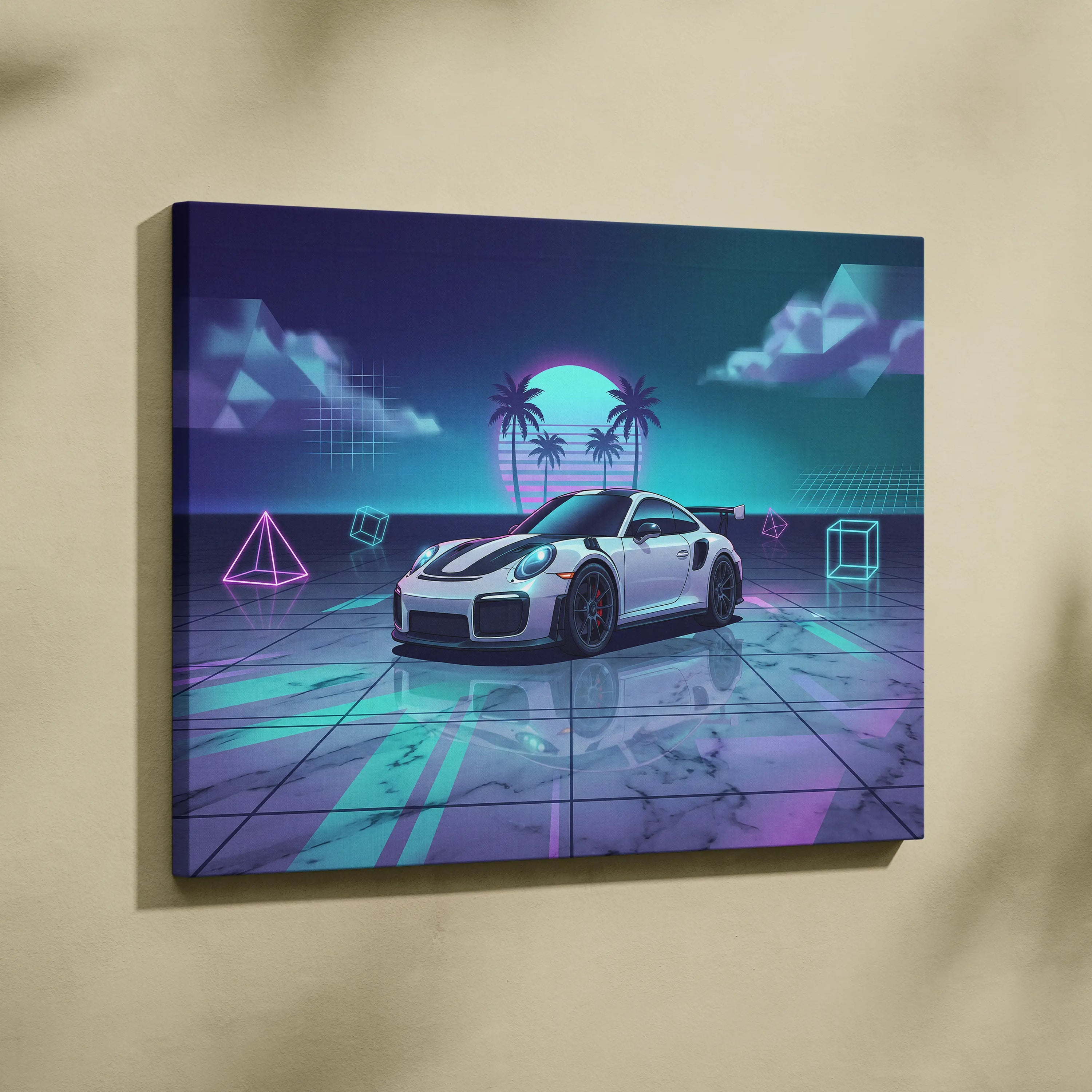 Porsche 911 GT3 RS Inspired White Purple Canvas Wall Art Vaporwave Neon Palm Sports Car Artwork, Dreamy Retro Garage Decor
