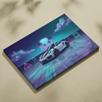 Porsche 911 GT3 RS Inspired White Purple Canvas Wall Art Vaporwave Neon Palm Sports Car Artwork, Dreamy Retro Garage Decor