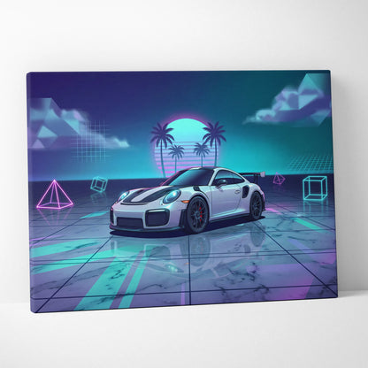 Porsche 911 GT3 RS Inspired White Purple Canvas Wall Art Vaporwave Neon Palm Sports Car Artwork, Dreamy Retro Garage Decor