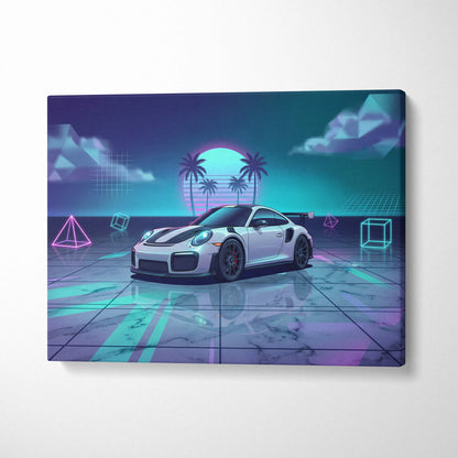 Porsche 911 GT3 RS Inspired White Purple Canvas Wall Art Vaporwave Neon Palm Sports Car Artwork, Dreamy Retro Garage Decor