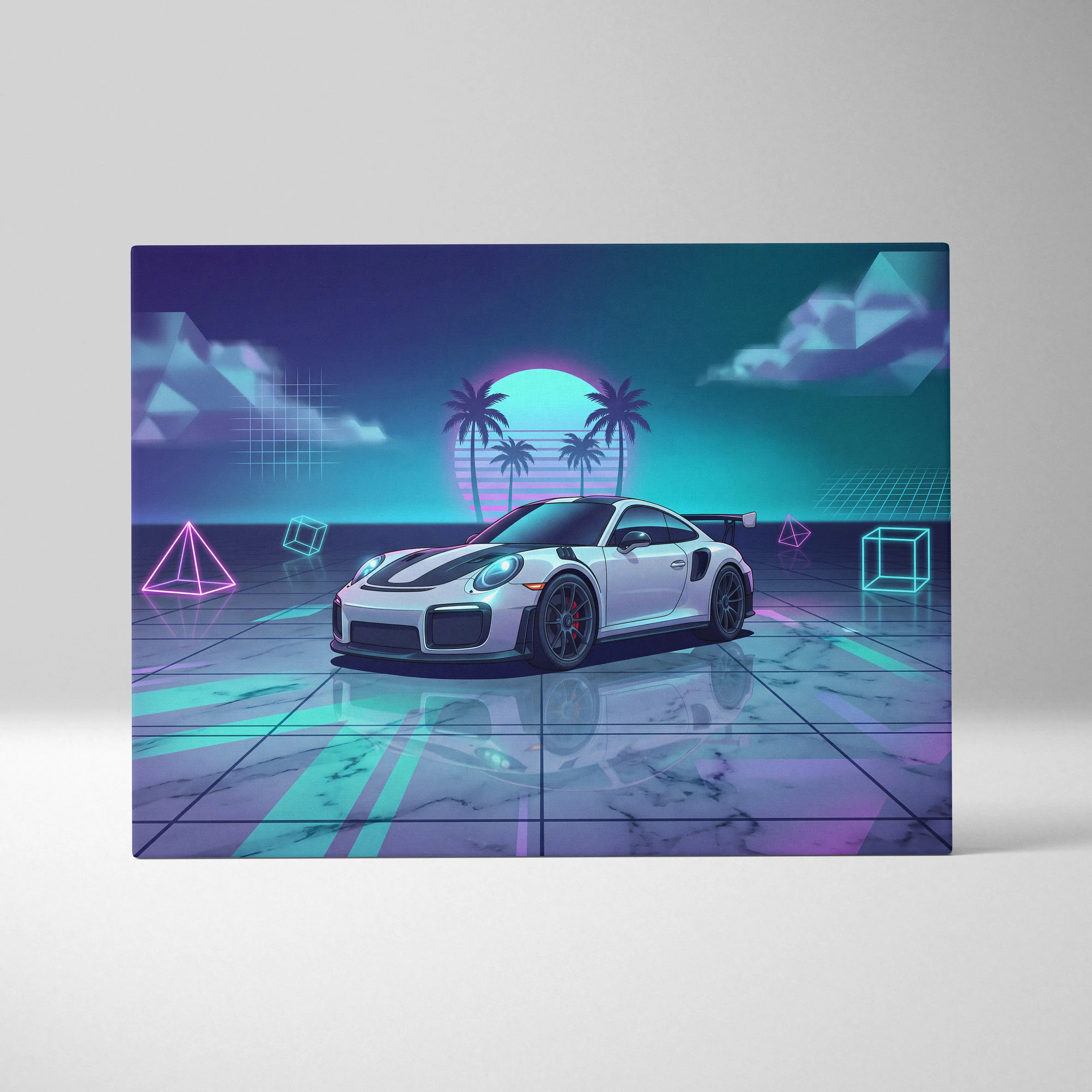 Porsche 911 GT3 RS Inspired White Purple Canvas Wall Art Vaporwave Neon Palm Sports Car Artwork, Dreamy Retro Garage Decor
