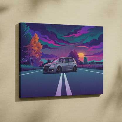 Volkswagen Golf GTI Inspired Gray Purple Canvas Wall Art Vaporwave Hot Hatch Artwork Neon Road Garage Decor Retro Futuristic Sunset Print