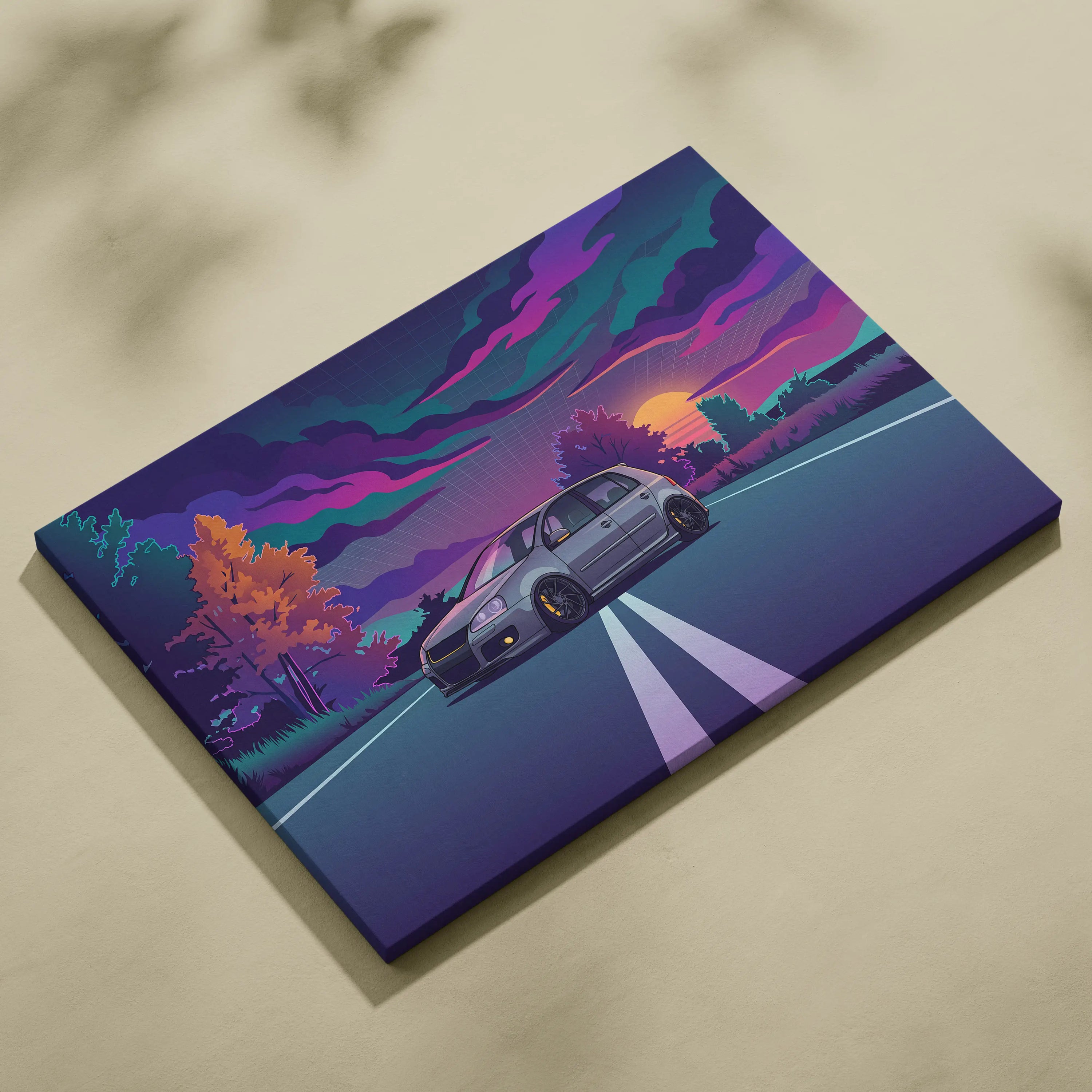 Volkswagen Golf GTI Inspired Gray Purple Canvas Wall Art Vaporwave Hot Hatch Artwork Neon Road Garage Decor Retro Futuristic Sunset Print