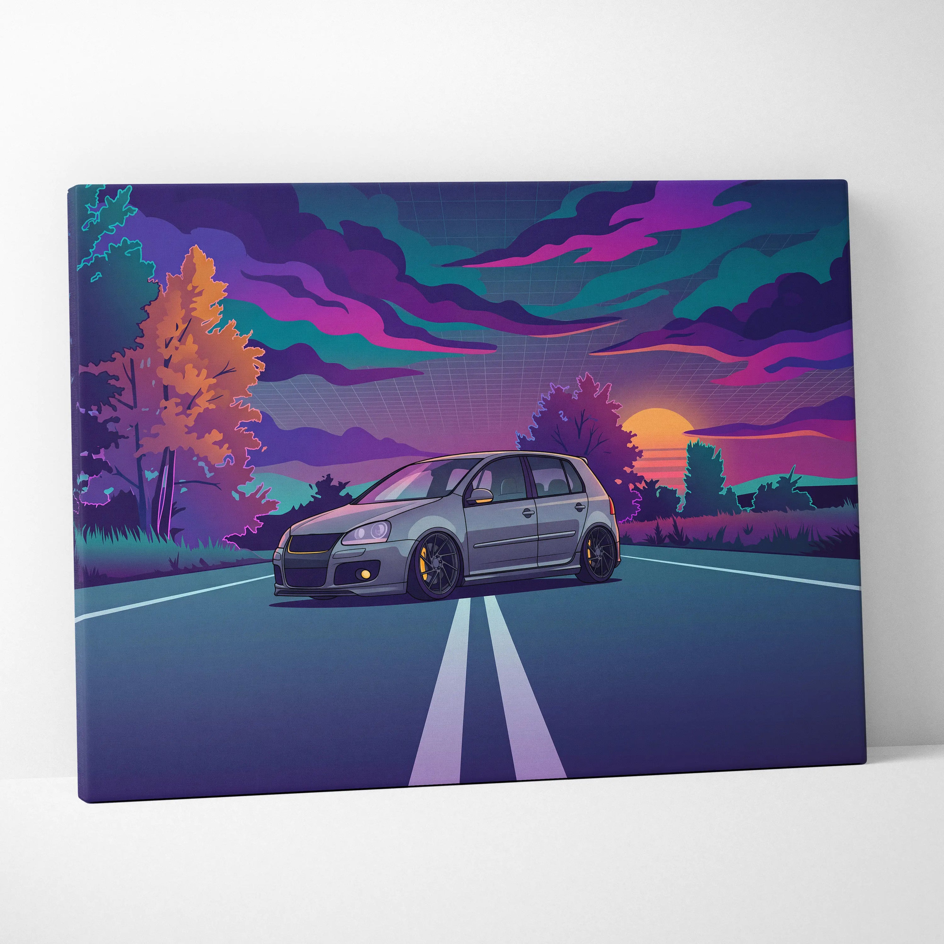 Volkswagen Golf GTI Inspired Gray Purple Canvas Wall Art Vaporwave Hot Hatch Artwork Neon Road Garage Decor Retro Futuristic Sunset Print