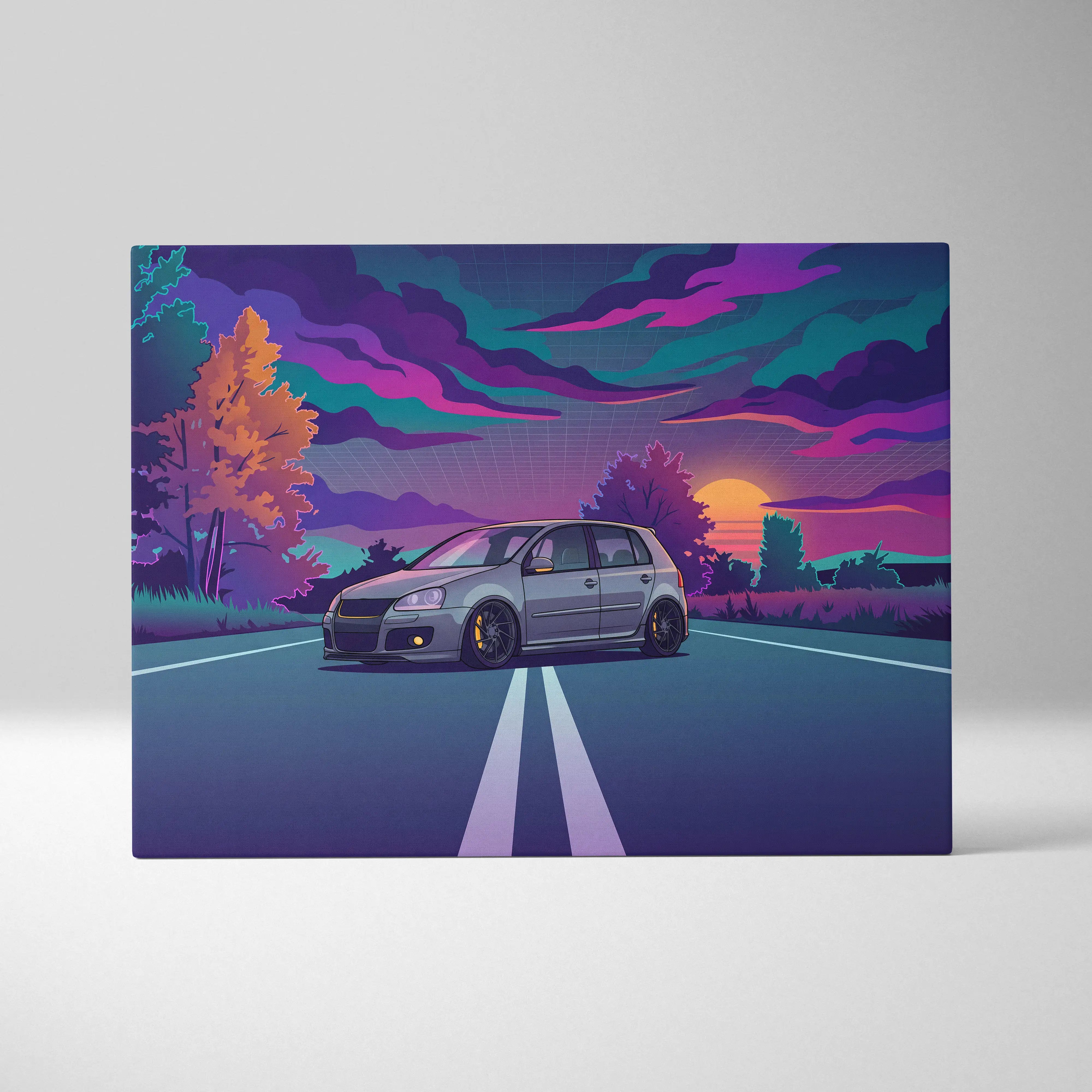 Volkswagen Golf GTI Inspired Gray Purple Canvas Wall Art Vaporwave Hot Hatch Artwork Neon Road Garage Decor Retro Futuristic Sunset Print