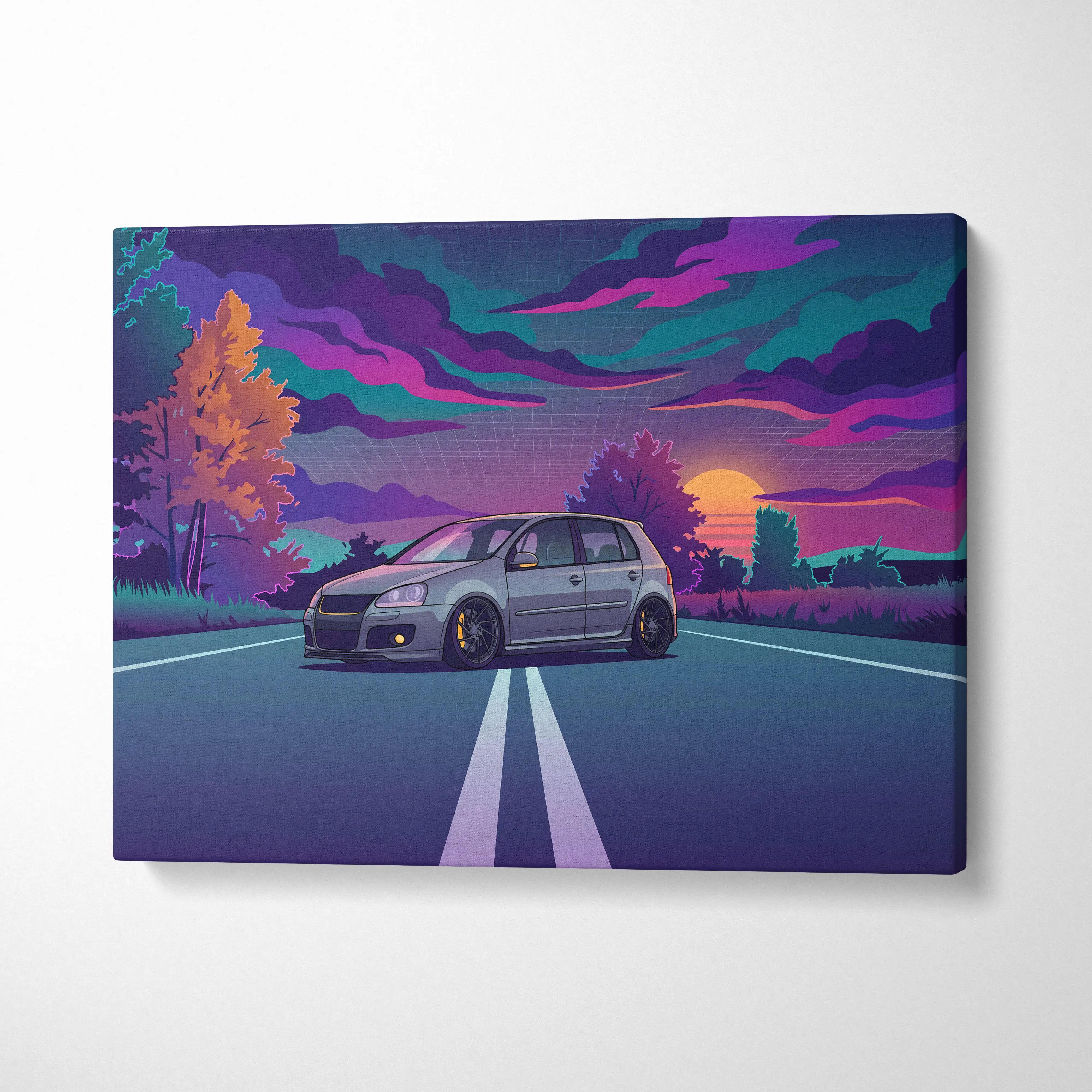 Volkswagen Golf GTI Inspired Gray Purple Canvas Wall Art Vaporwave Hot Hatch Artwork Neon Road Garage Decor Retro Futuristic Sunset Print