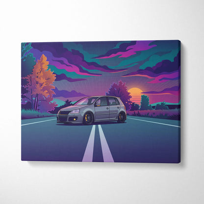 Volkswagen Golf GTI Inspired Gray Purple Canvas Wall Art Vaporwave Hot Hatch Artwork Neon Road Garage Decor Retro Futuristic Sunset Print