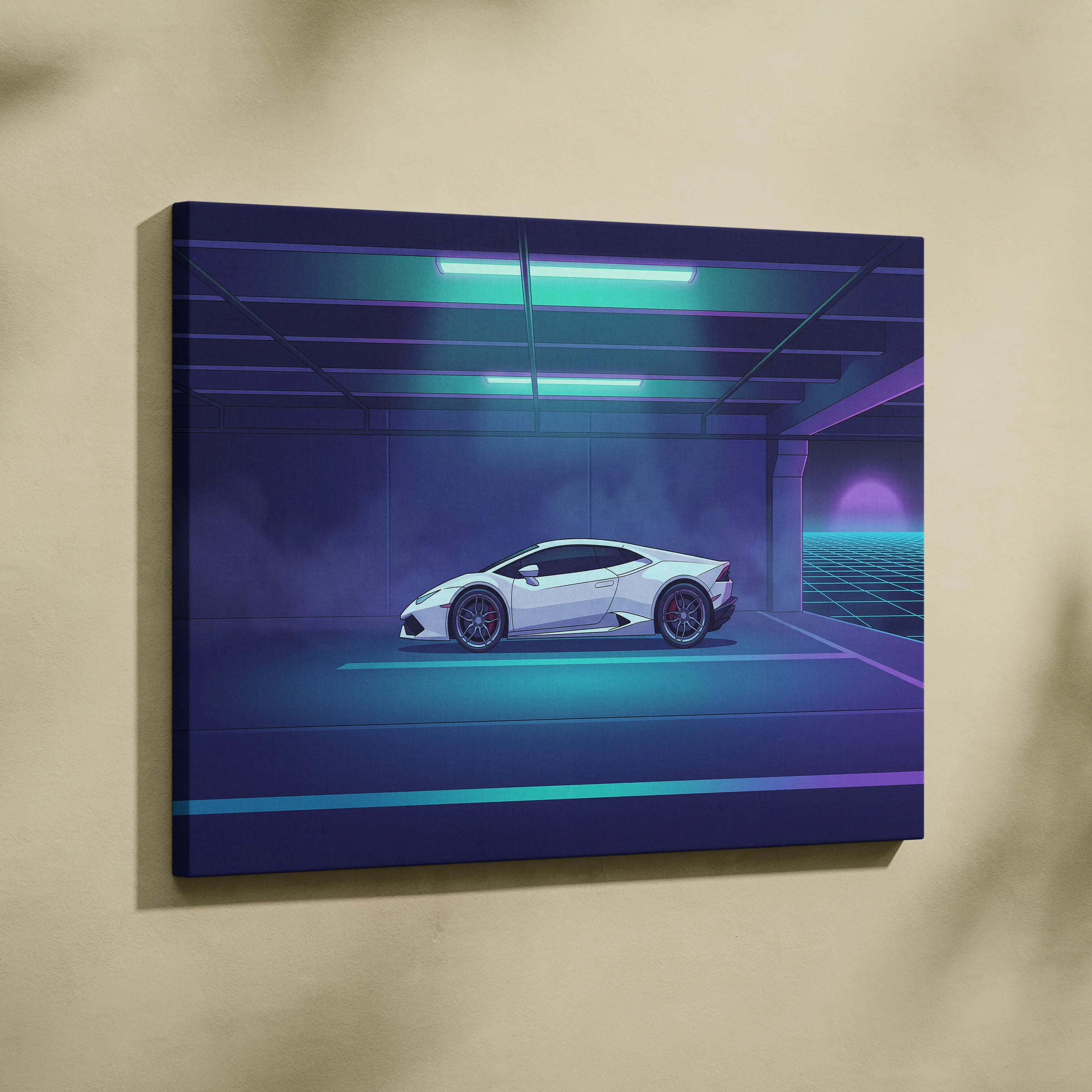 Lamborghini Huracan Inspired White Purple Canvas Wall Art, Neon Vaporwave Supercar Artwork for Futuristic Garage Decor