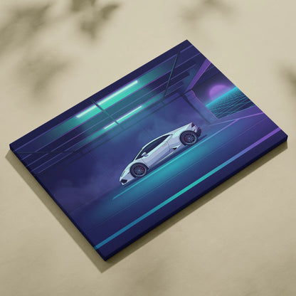 Lamborghini Huracan Inspired White Purple Canvas Wall Art, Neon Vaporwave Supercar Artwork for Futuristic Garage Decor