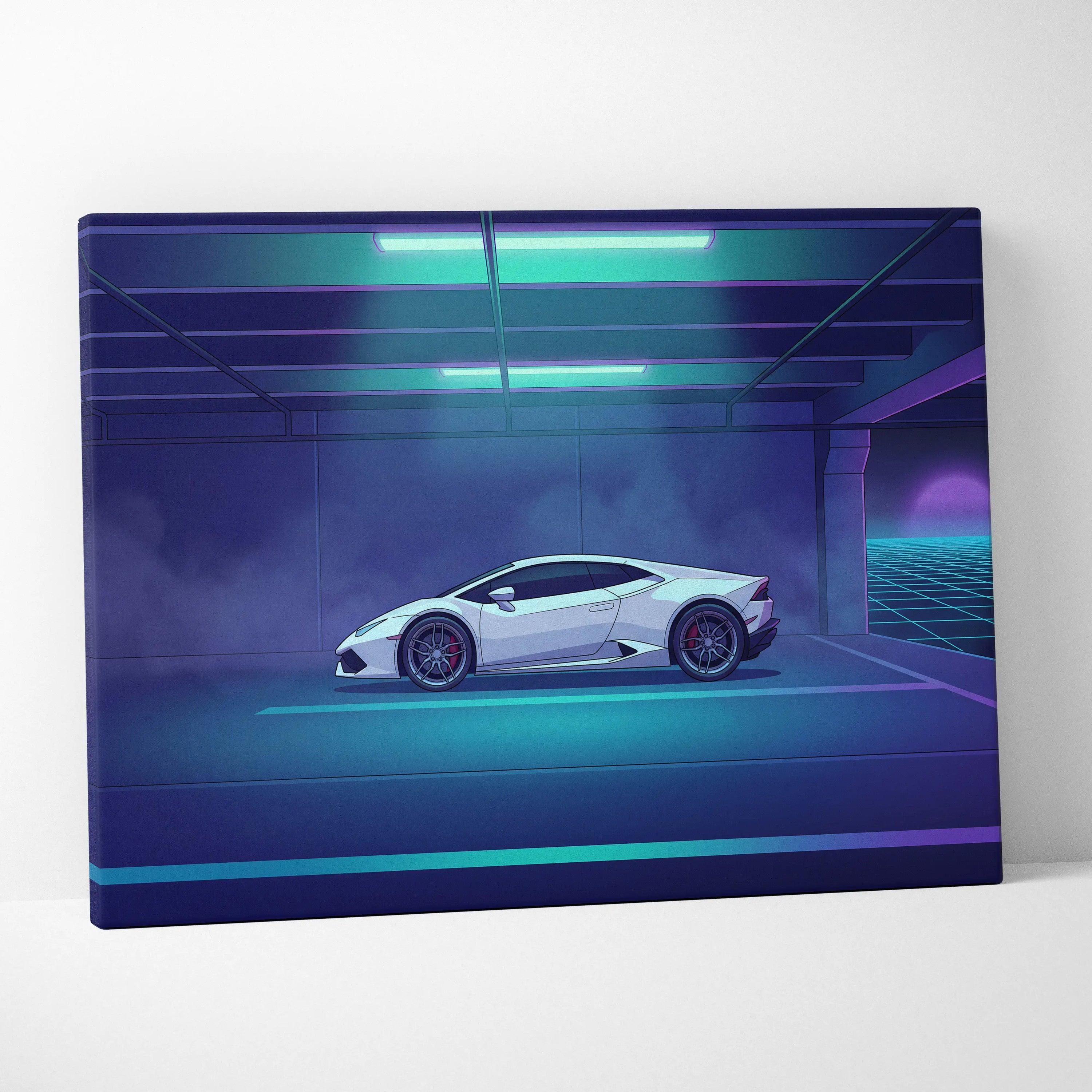 Lamborghini Huracan Inspired White Purple Canvas Wall Art, Neon Vaporwave Supercar Artwork for Futuristic Garage Decor