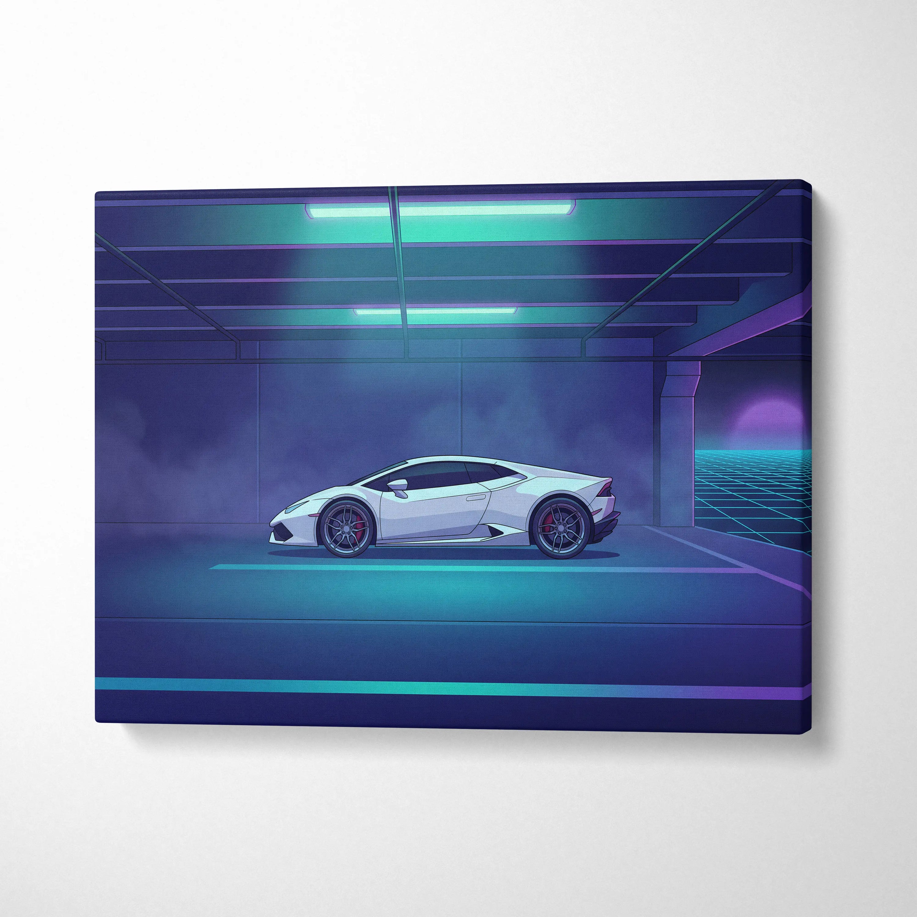 Lamborghini Huracan Inspired White Purple Canvas Wall Art, Neon Vaporwave Supercar Artwork for Futuristic Garage Decor
