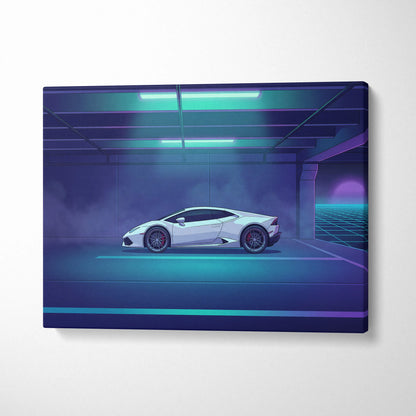 Lamborghini Huracan Inspired White Purple Canvas Wall Art, Neon Vaporwave Supercar Artwork for Futuristic Garage Decor