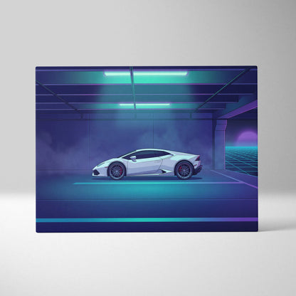 Lamborghini Huracan Inspired White Purple Canvas Wall Art, Neon Vaporwave Supercar Artwork for Futuristic Garage Decor
