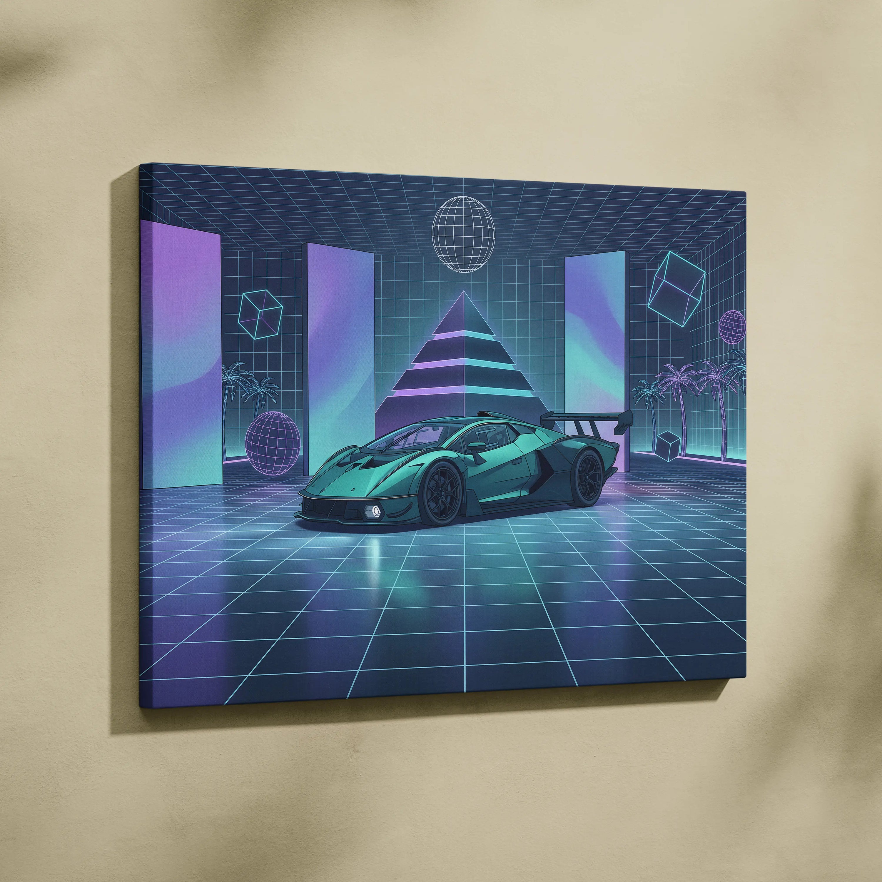 Lamborghini Essenza SCV12 Inspired Teal Purple Canvas Wall Art, Neon Vaporwave Race Car Artwork for Futuristic Garage Decor