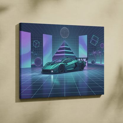 Lamborghini Essenza SCV12 Inspired Teal Purple Canvas Wall Art, Neon Vaporwave Race Car Artwork for Futuristic Garage Decor