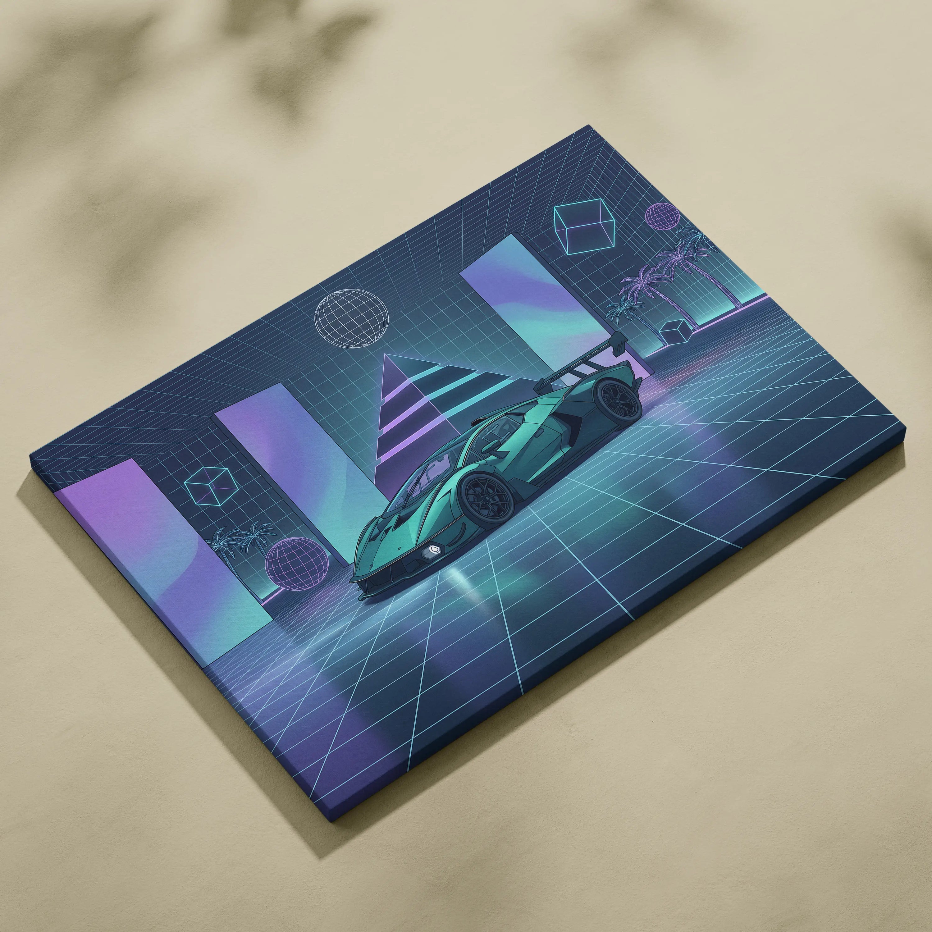 Lamborghini Essenza SCV12 Inspired Teal Purple Canvas Wall Art, Neon Vaporwave Race Car Artwork for Futuristic Garage Decor