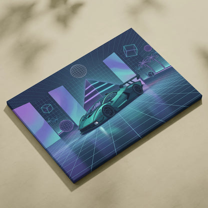 Lamborghini Essenza SCV12 Inspired Teal Purple Canvas Wall Art, Neon Vaporwave Race Car Artwork for Futuristic Garage Decor