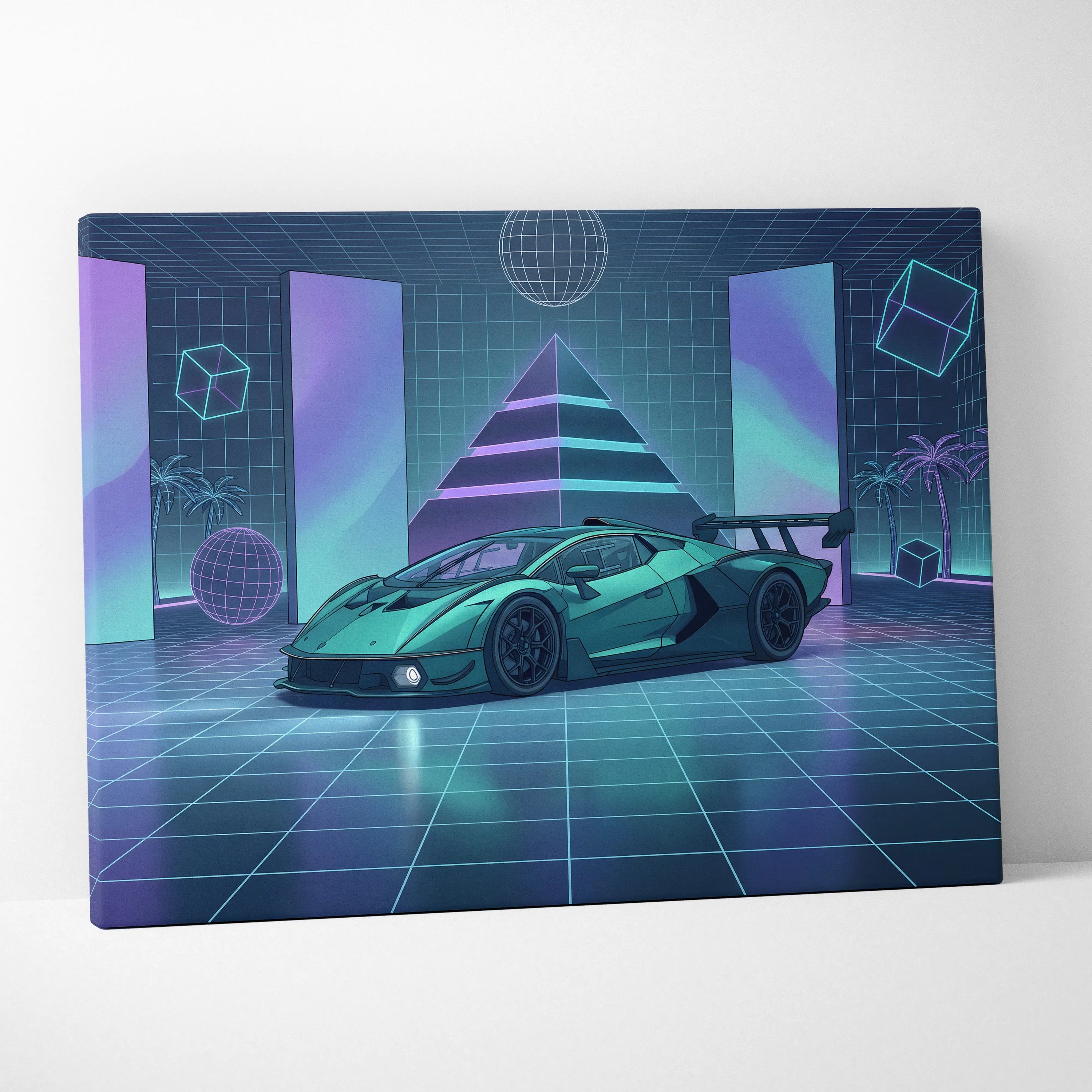 Lamborghini Essenza SCV12 Inspired Teal Purple Canvas Wall Art, Neon Vaporwave Race Car Artwork for Futuristic Garage Decor