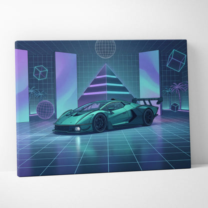 Lamborghini Essenza SCV12 Inspired Teal Purple Canvas Wall Art, Neon Vaporwave Race Car Artwork for Futuristic Garage Decor