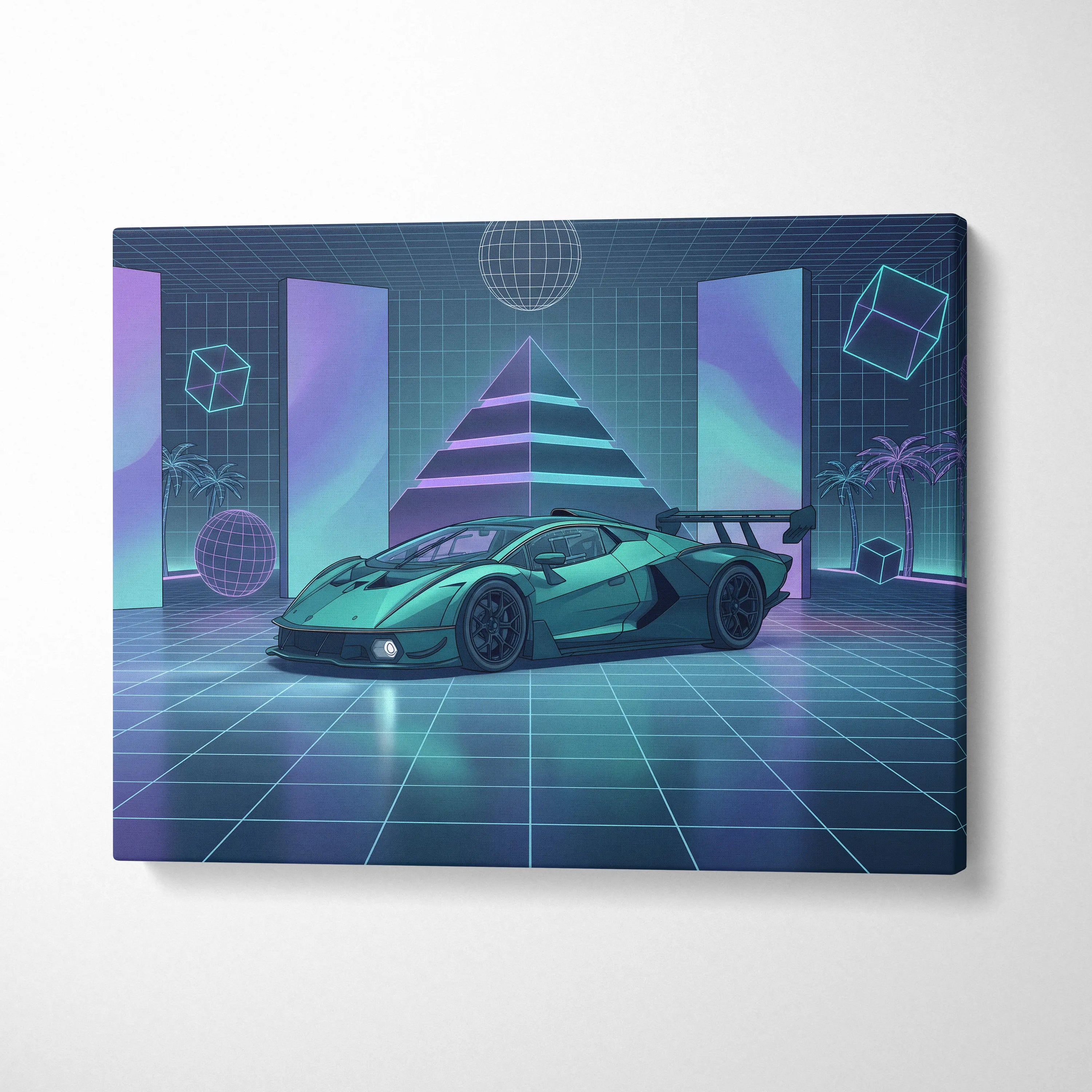 Lamborghini Essenza SCV12 Inspired Teal Purple Canvas Wall Art, Neon Vaporwave Race Car Artwork for Futuristic Garage Decor