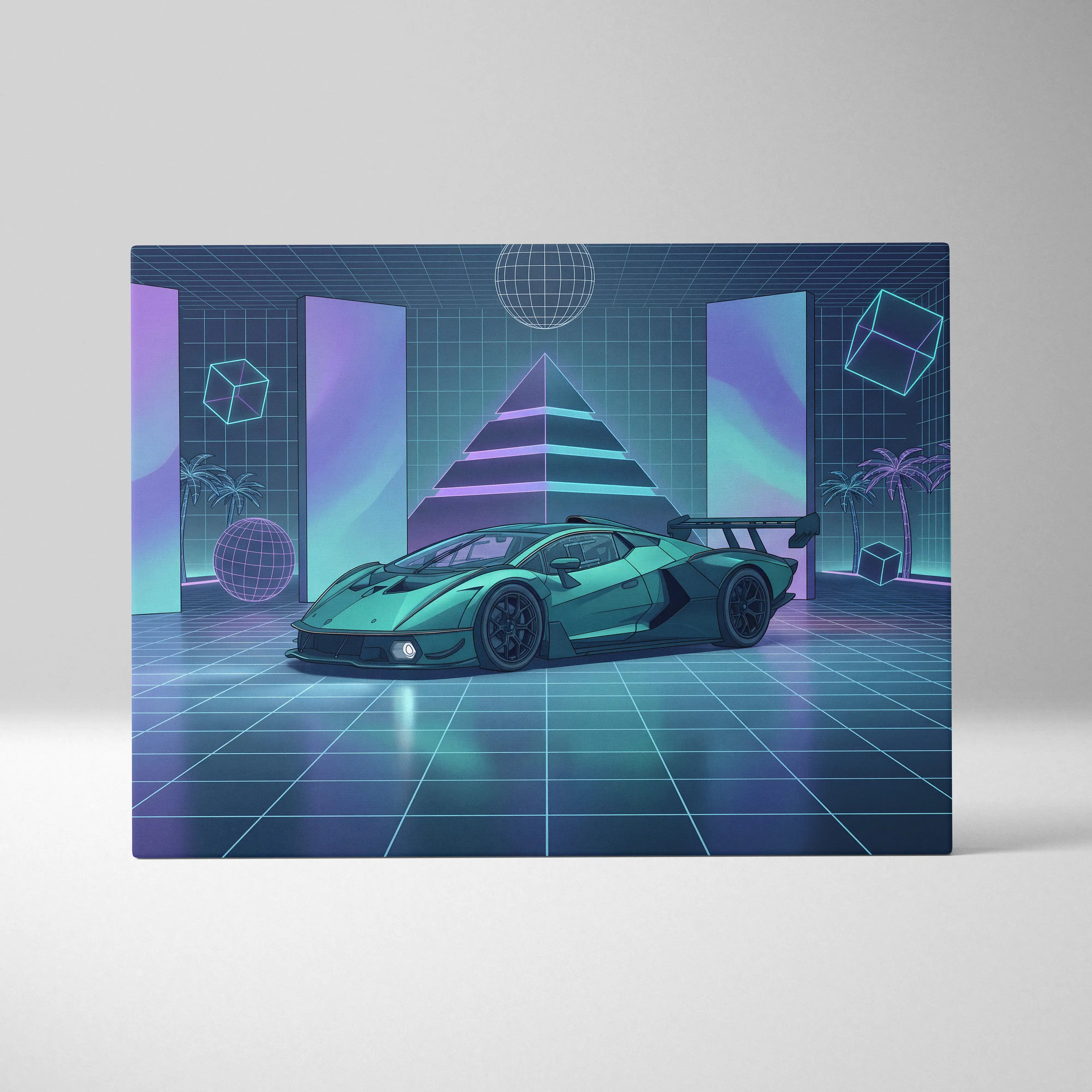 Lamborghini Essenza SCV12 Inspired Teal Purple Canvas Wall Art, Neon Vaporwave Race Car Artwork for Futuristic Garage Decor