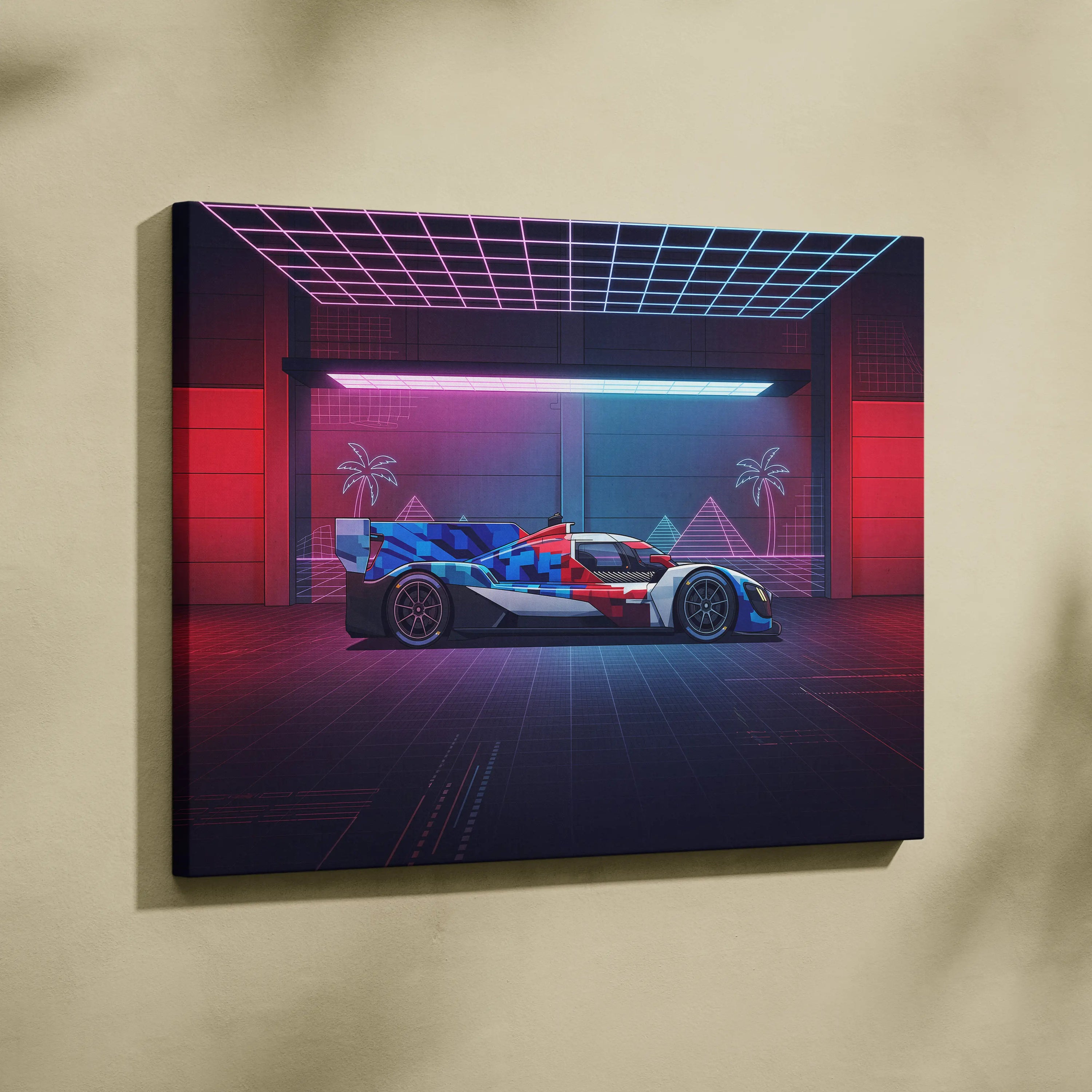 BMW M Hybrid V8 Inspired Vaporwave Car Canvas - Vaporwave Car Art Neon Pink Blue - Mood Nostalgic Deco Neon Car Canvas