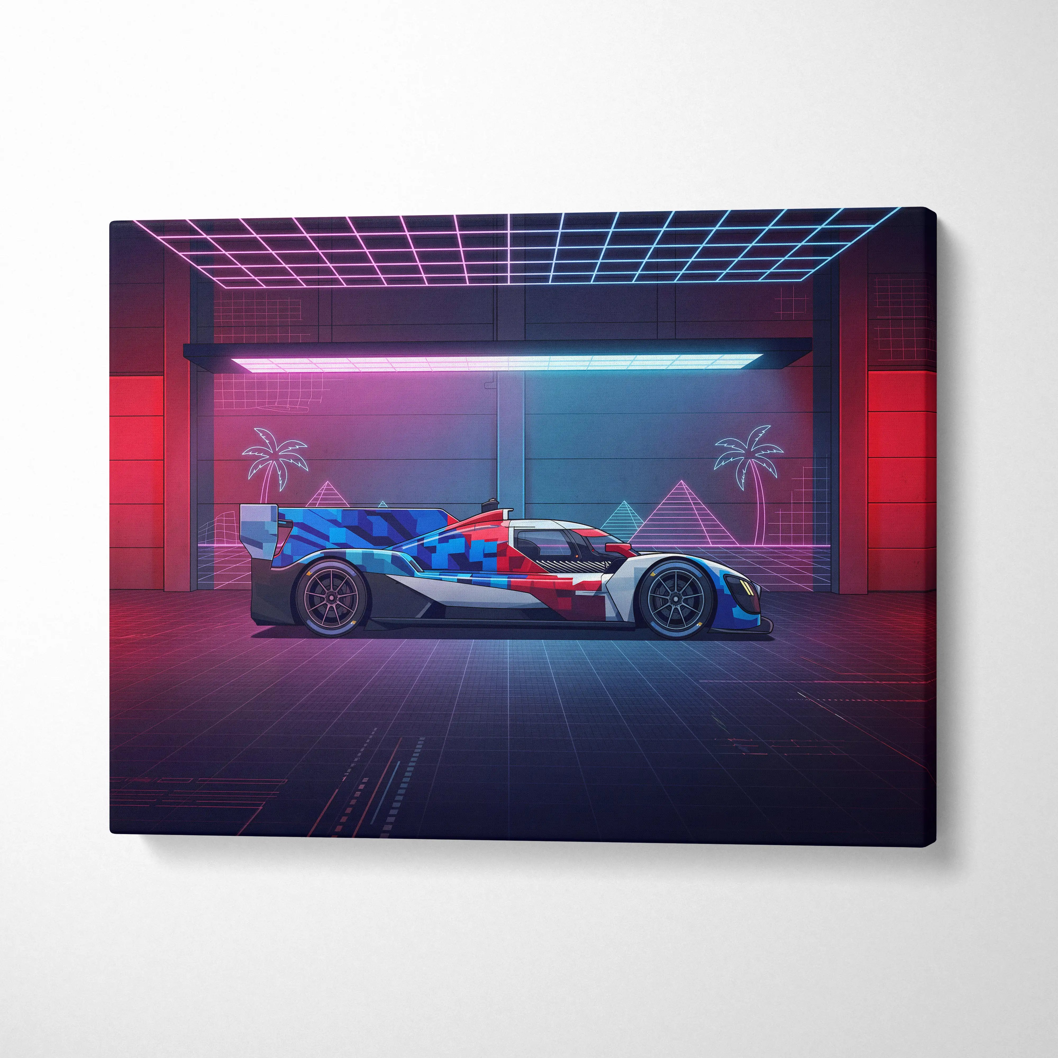 Neon-lit vaporwave canvas print of a bmw m hybrid v8 inspired race car in red blue and white in a retro garage