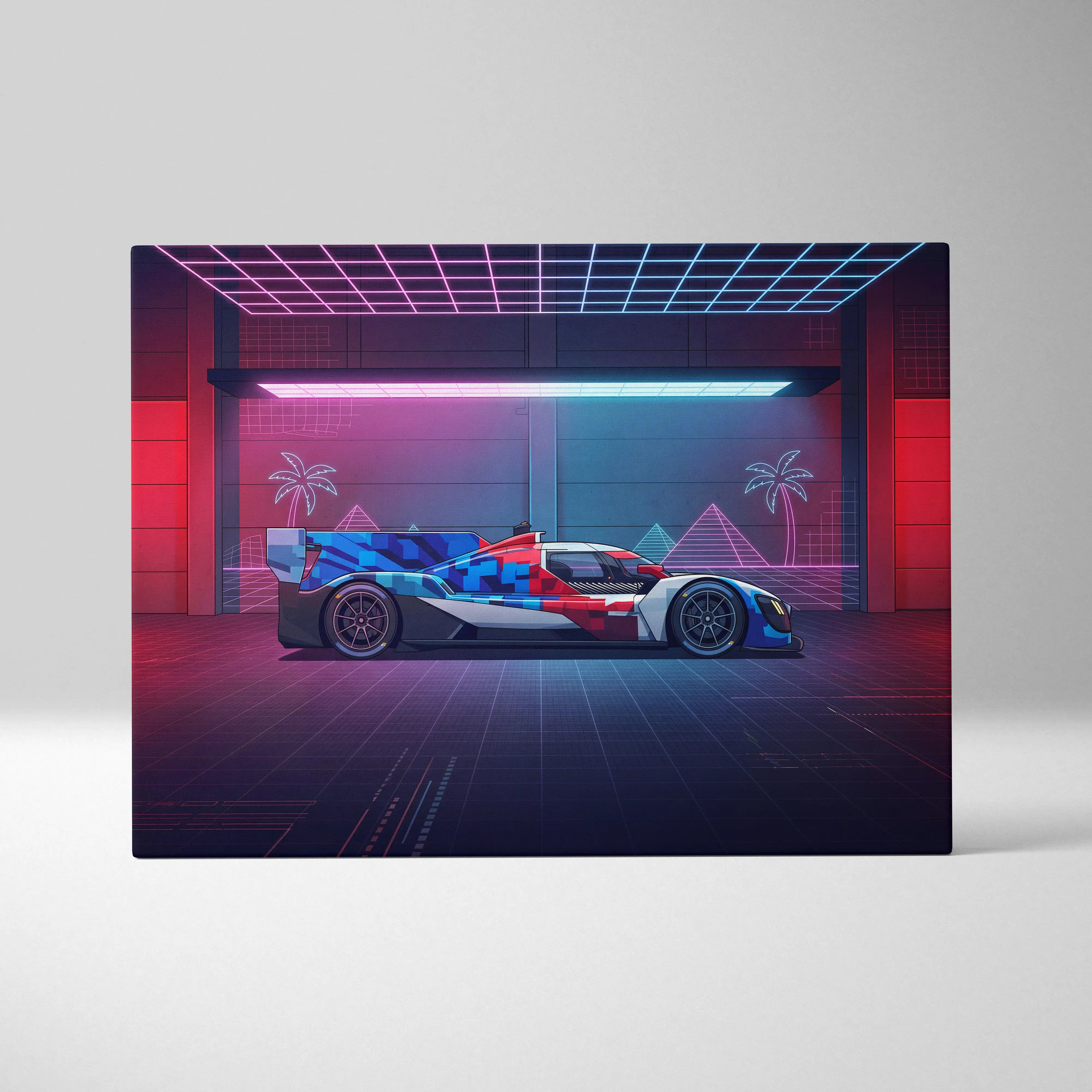 Neon-lit digital artwork of a bmw m hybrid v8 inspired vaporwave car canvas with red blue and white geometric patterns