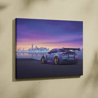 Nissan GT-R R35 Inspired Silver Purple Canvas Wall Art, Sunset Vaporwave JDM Supercar Artwork for Modern City Garage Decor