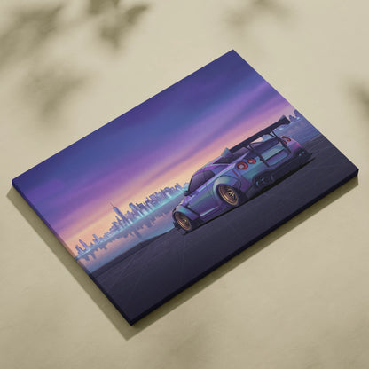 Nissan GT-R R35 Inspired Silver Purple Canvas Wall Art, Sunset Vaporwave JDM Supercar Artwork for Modern City Garage Decor