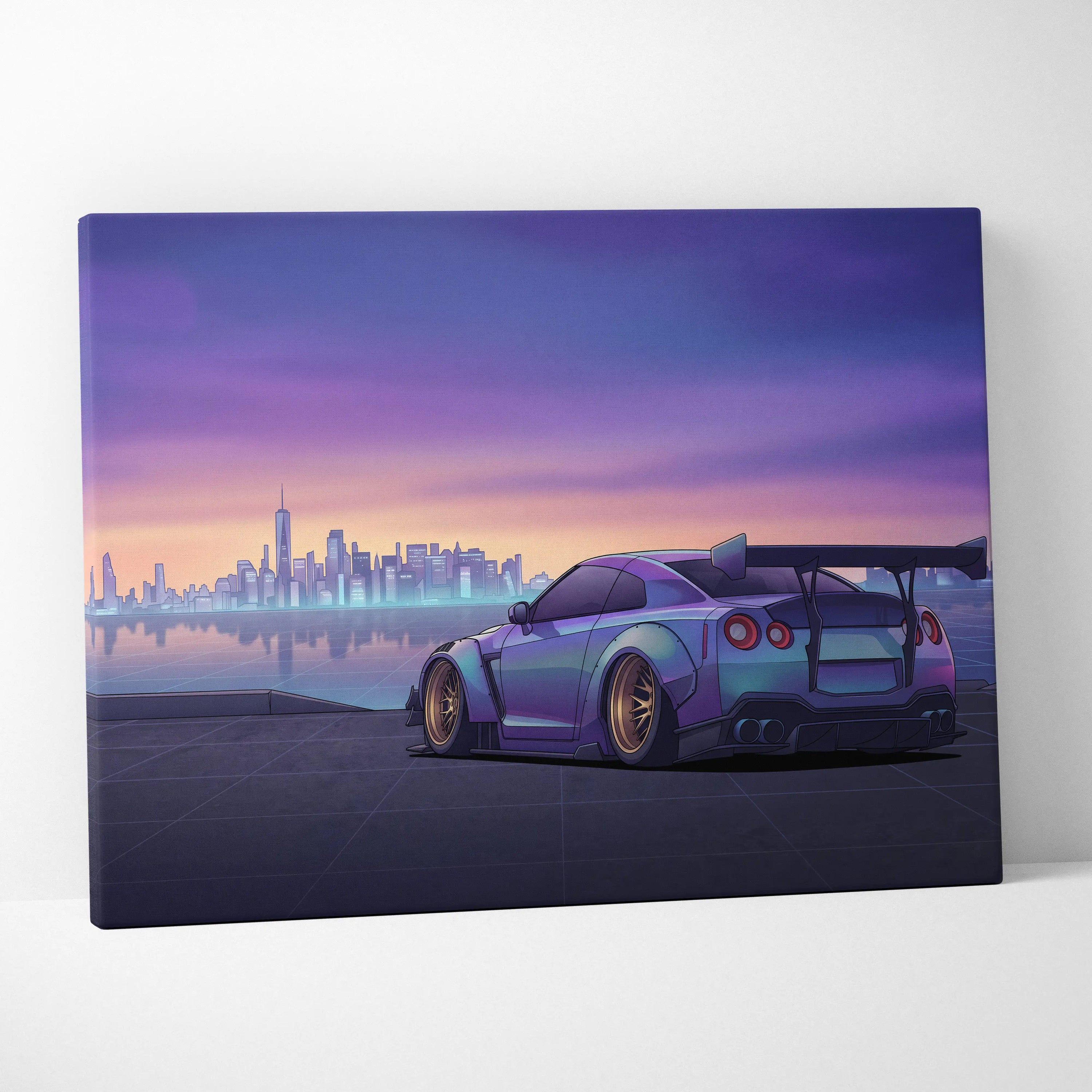Nissan GT-R R35 Inspired Silver Purple Canvas Wall Art, Sunset Vaporwave JDM Supercar Artwork for Modern City Garage Decor