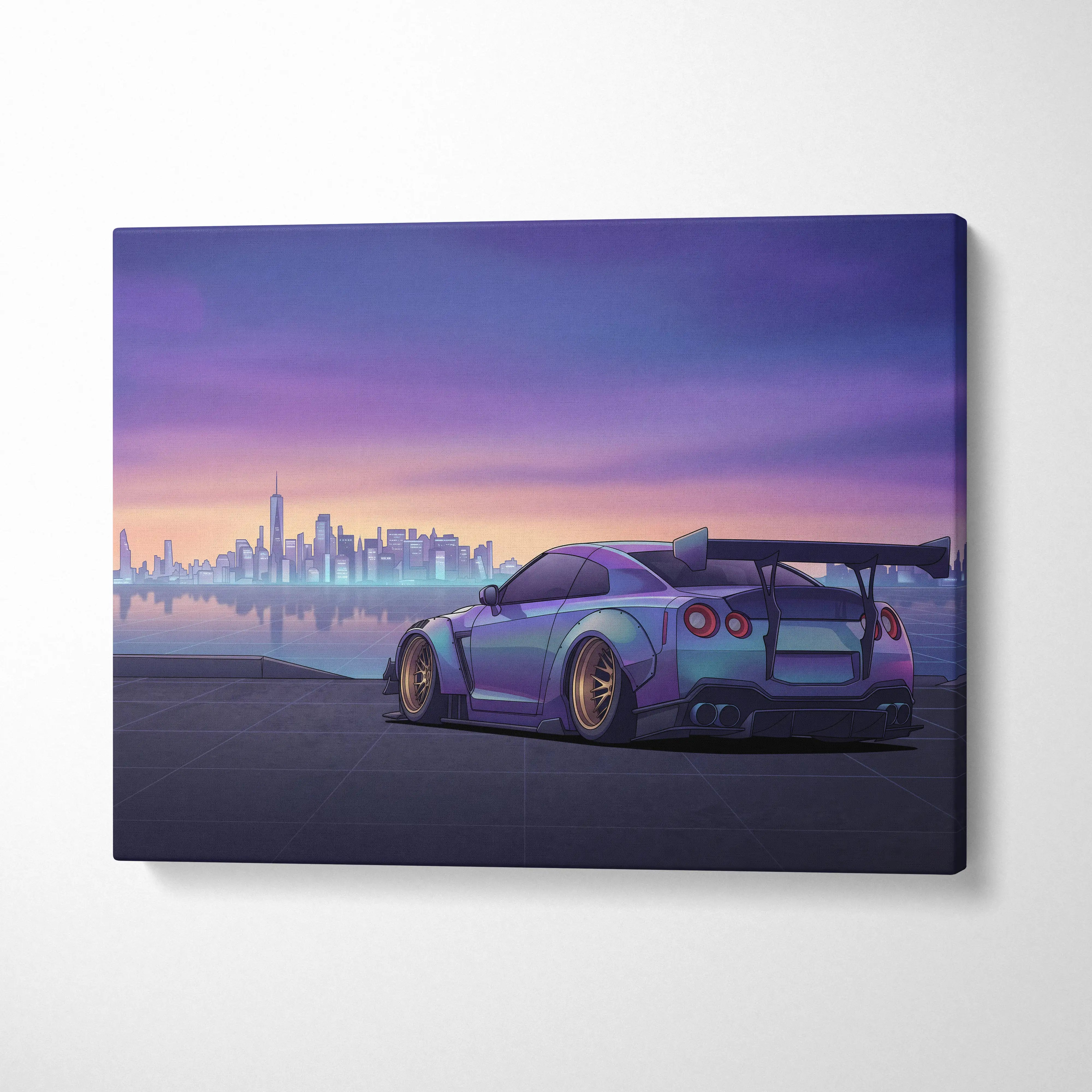 Nissan GT-R R35 Inspired Silver Purple Canvas Wall Art, Sunset Vaporwave JDM Supercar Artwork for Modern City Garage Decor