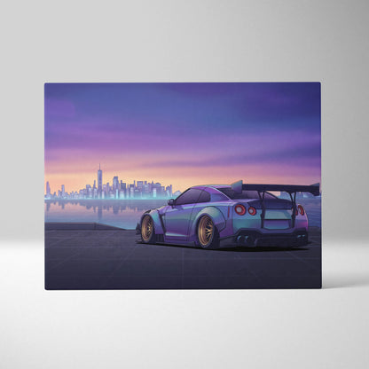 Nissan GT-R R35 Inspired Silver Purple Canvas Wall Art, Sunset Vaporwave JDM Supercar Artwork for Modern City Garage Decor