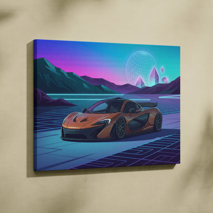 McLaren P1 Inspired Orange Purple Canvas Wall Art, Neon Vaporwave Hypercar Artwork for Futuristic Garage Decor